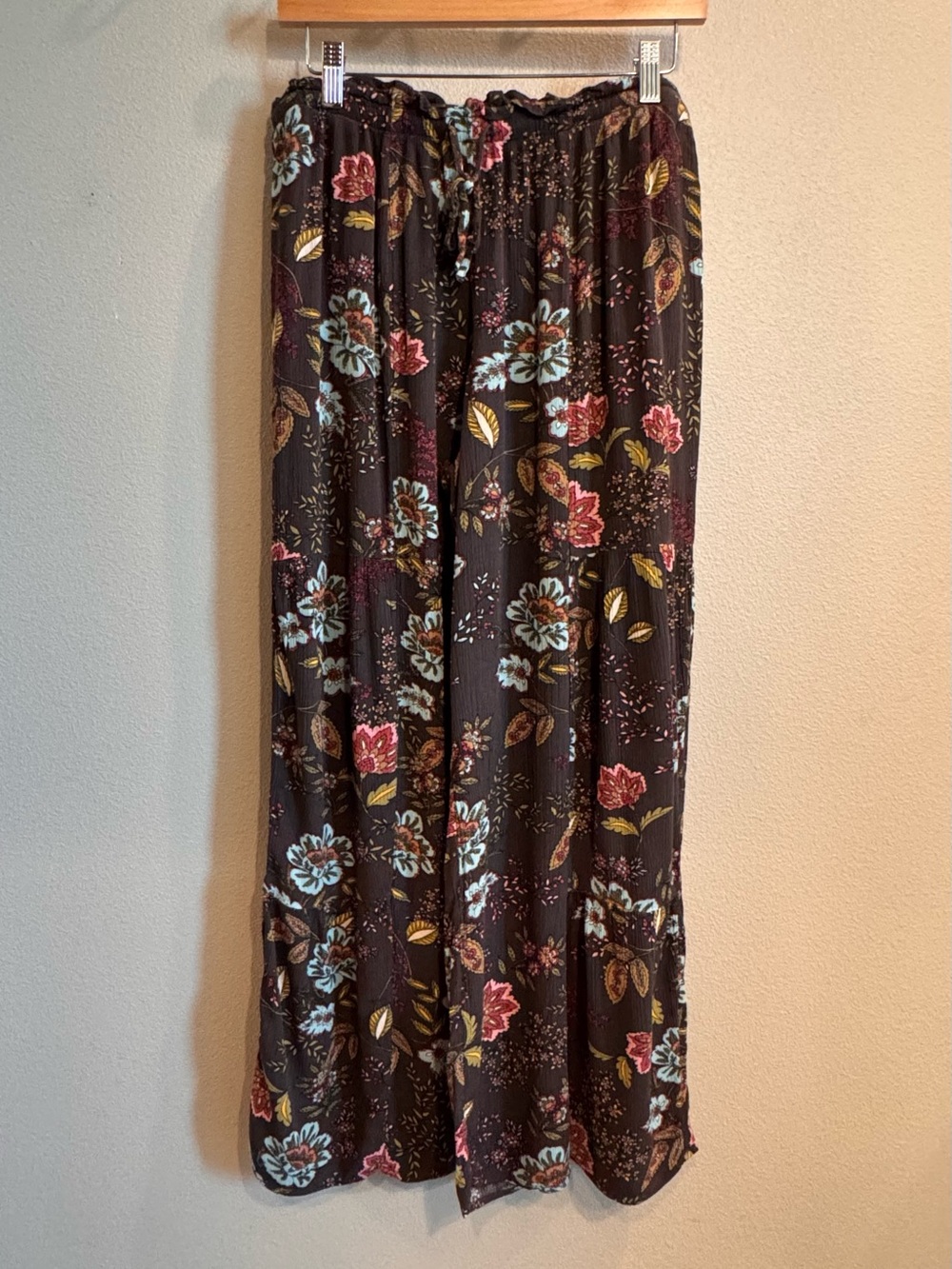 Floral Print Brown Palazzo Pants with Drawstring Waist Boho